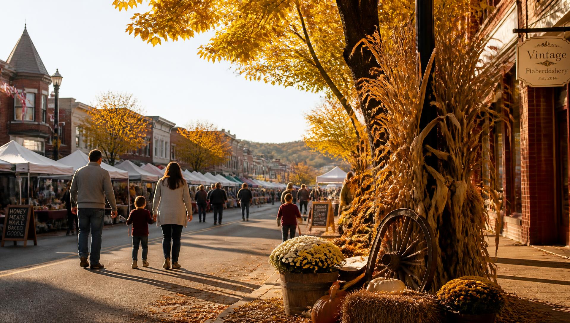 Main Street in Oconto decorated with pumpkins, cornstalks and vendor tents on a sunny fall morning